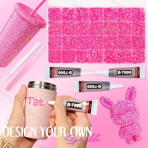Hot Pink Jelly Rhinestones 2-6mm, 28Grid Flatback Gems Kit for Bedazzling