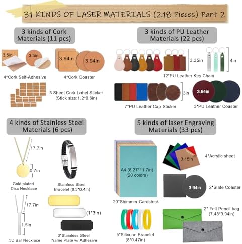 Leafcraft 218PCS Laser Engraving Material Explore Kit, 31 Kinds Laser Cutting Engraving Accessories Include Acrylic, Metal, Wood, Felt, PU Leather, Cork, Rock, Rubber for Engraver Machine DIY Crafting