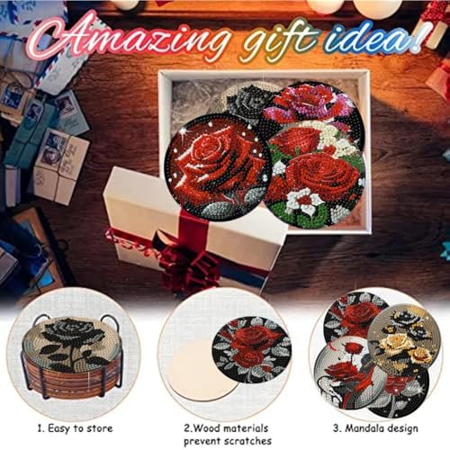 8 Pack Diamond Art Coasters,Rose Flowers Diamond Painting Coasters Kits
