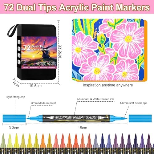 Dual Tip Acrylic Paint Markers 72 Colors, Fine & Brush for Rock Wood Glass