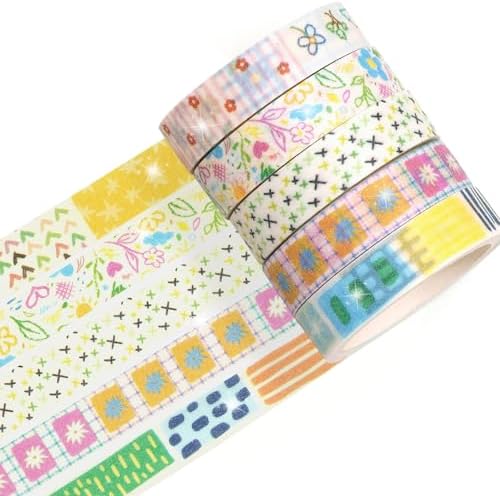 Cute Pattern Washi Tape Set 5 Rolls Glitter Cover Decorative Wide Kawaii Masking Tapes for Arts, DIY Crafts, Journals, Planners, Scrapbook, Wrapping (7 Floral Garden)