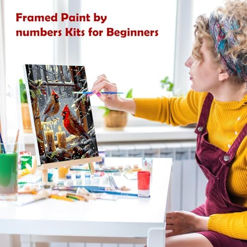 MOGTAA Christmas Cardinal Paint by Numbers Kit for Adults Beginners with Frame, Winter Adult Paint by Number Kits on Canvas with Easel, Easy DIY Candle Oil Painting Kits for Home Decor, 8x12in