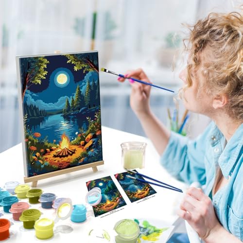 ATDMS Landscape Paint by Numbers Kit for Adults with Frame Moon Paint by Number with Easel Lake Adult Paint by Number Kits Framed Canvas DIY Oil Painting by Numbers for Gift Home Wall Decor 8x12 Inch