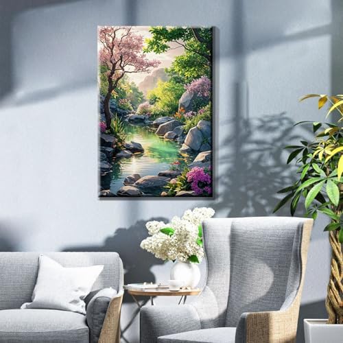 JOOZ Paint by Numbers Kit for Adults with Frame, Landscape Paint by Number Canvas, Mountain Paint by Numbers with Easel, DIY Flowers Scenery Oil Painting Kit for Home Wall Decor 8 x 12 Inch