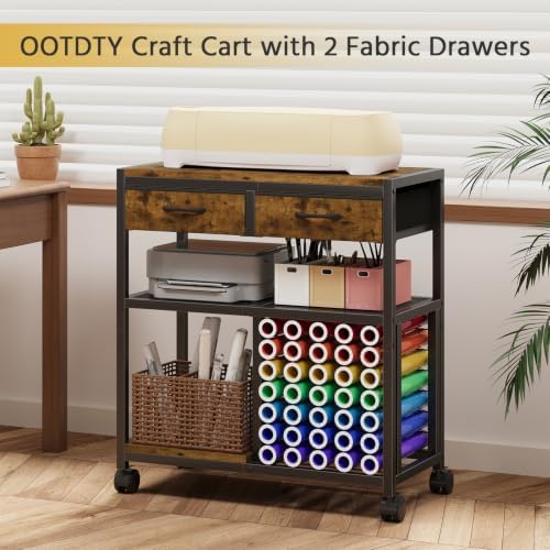 Craft Cart with 2 Fabric Drawers, Craft Organizer and Storage Stand Compatible with 35 Vinyl Roll Holders, Vinyl Roll Storage and Organization Holder