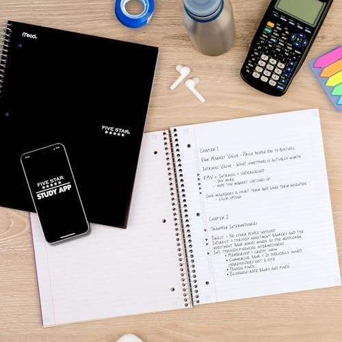 Five Star Spiral Notebook + Study App, 5 Subject, College Ruled Paper, 8-1/2" x 11", 200 Sheets, Fights Ink Bleed, Water Resistant Cover, Black (72081)