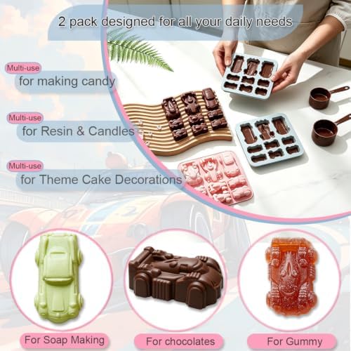 2 Pack Small Racing Cars Silicone Molds, 9 Cavity 3D Sports Car DIY Silicone Fondant Cake Mold Tray Baking Tools for Chocolate Candy Mousse Pudding Handmade Soap Candle Resin Clay