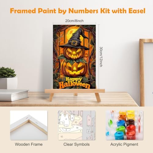 MOGTAA Halloween Paint by Numbers Kit for Adults Beginners with Frame, Pumpkin Adult Paint by Number Kits on Canvas with Easel, Easy DIY Landscape Oil Painting Kits for Home Decor, 8x12in