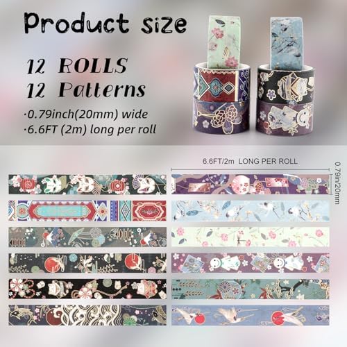 12 Rolls Vintage Gold Washi Tape Set, Gold Foil Cat Mask Pattern Decorative Tape,Japanese Arts Decorative Masking Tapes for DIY Scrapbook Design Journaling Handbook Making Card Wrap Craft Gift ﻿