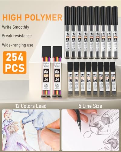 Nicpro 34PCS Black Art Mechanical Pencils Set, Metal Automatic Pencil 0.3, 0.5, 0.7, 0.9 mm & 2PCS 2mm Lead Holder (6B 4B 2B HB 2H 4H Colors) For Sketching Drawing With 19 Tube Lead Refills Case