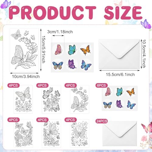 Gueevin 24pcs Butterfly Coloring Greeting Cards with Envelopes and Stickers Butterfly Color Your Own Postcards 4 x 6 Flower Thank You Note Cards for Adults Wedding Birthday Gifting DIY Crafts Mailing