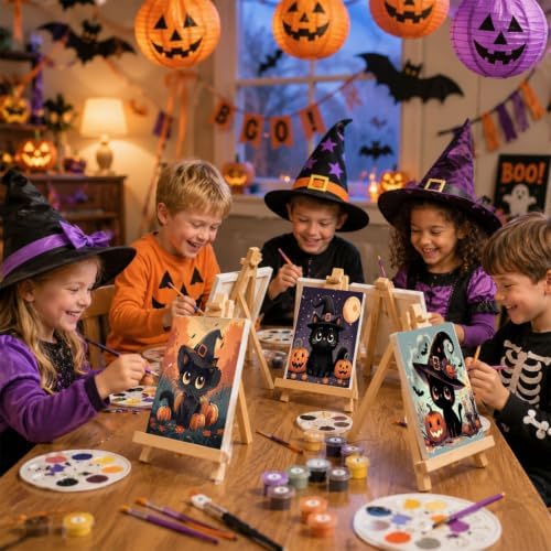4 Pack Halloween Paint by Numbers Kit for Kids with Frame (Cat, 8x8 inch)