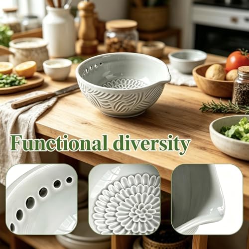 Ceramic Grater Bowl, 2-in-1 Garlic Grater & Herb Stripper (blue, 7Holes)