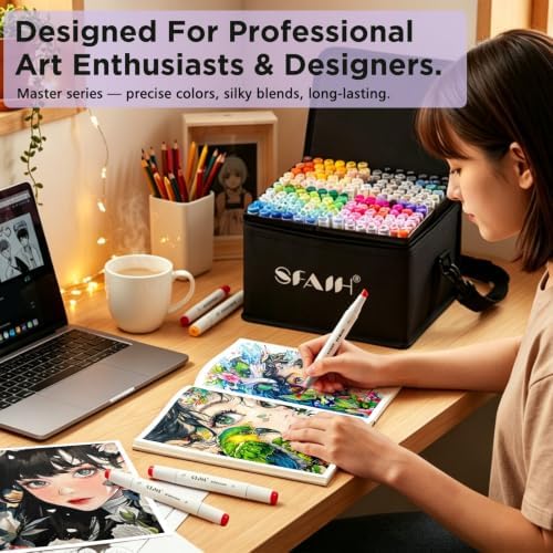 SFAIH Alcohol Markers Set 321 Colors, Chisel & Fine Ultimate Master Series | Seamless Blended, Storage Case, Adult Coloring Books Illustration Sketch Design Drawing, Colorless Blender, Art Lovers Artist