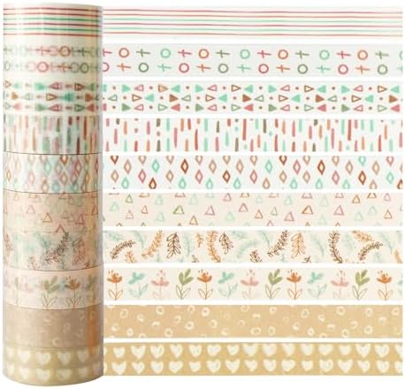 Boho Washi Tape Set 10 Rolls Cute Masking Graphic Floral Pattern Decorative Tapes for Arts, DIY Crafts, Journals, Planners, Scrapbook, Wrapping (Retro)
