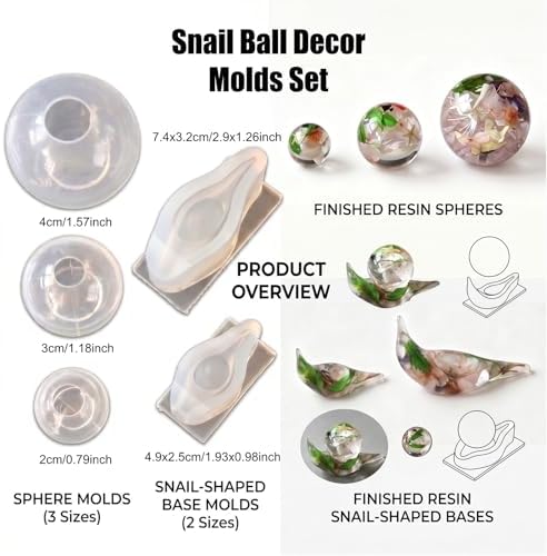 5Pcs Snail Ball Silicone Resin Mold Set,3D Snail Base Silicone Molds with 3 Size Clear Sphere Epoxy Casting Molds for DIY Resin Casting, Home Decor, Crafts
