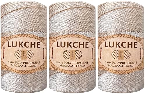 Polyester Macrame Cord 2mm x 251 Yards, 100% Polypropylene Premium Macrame Rope, Colorful Yarn Crochet Macrame Bag Craft for Wall Hangers, Bags, Bottom Plates, Carpets (Beige, 3 Skein)