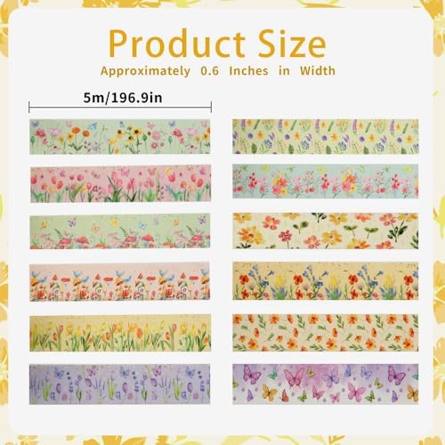 12 Rolls Colorful Floral Washi Tape,Vintage Washi Tape,Stickers for Journaling,Decorative Tapes for Crafts Card Notebook Scrapbook Journal Photo Album Gift Wrapping Supplies