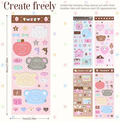 4 Sheets 3D Puffy Stickers, Kawaii Cartoon Stickers Cute Animals, Desserts, Music Pink Aesthetic Foam Stickers for Scrapbooking, Journaling, DIY Crafts, Laptop & Water Bottle Decor