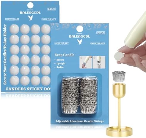 Taper Candle Fittings Set 30 Silver Bobeches & 24 White Sticky Dots for Secure Placement in Taper Candle Holders