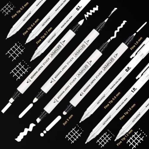 GETHPEN White Ink Pens Set, Gel Pen & Dual-Tip Acrylic Markers 10 Pack