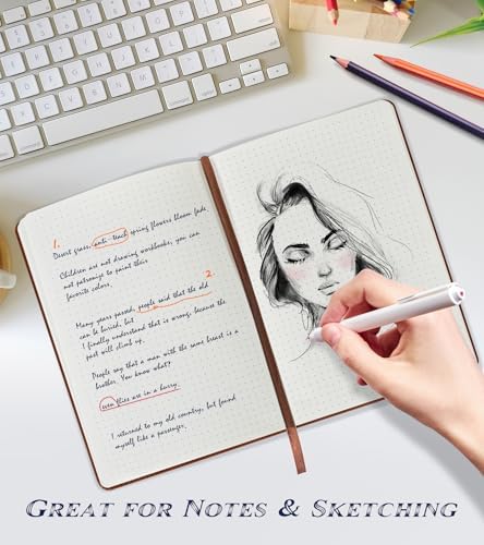 Biuwory Dotted Journal Notebook, 140 Dot Grid Pages, Medium 5.7"×8.3" | A5 Hardcover Vintage Leather Journal for Women Men, Dot Grid Paper Notebook for Work School Travel, Bullet Journaling Writing