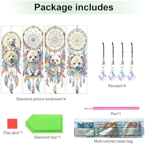 4 Pcs Diamond Painting Bookmarks, White Bear and Lion Dreamcatcher DIY Diamond Art Kits for Adults, Rhinestone Drill Crafts Bookmarks with Tassel for Graduation Birthday Gifts
