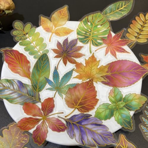 50PCS Clear Gold Foil Leaf Stickers, Autumn Leaf Stickers | Transparent Stickers for Junk Journal, Scrapbook Supplies for Card Making, Planner, Envelope, DIY Crafts, Water Bottle Decors