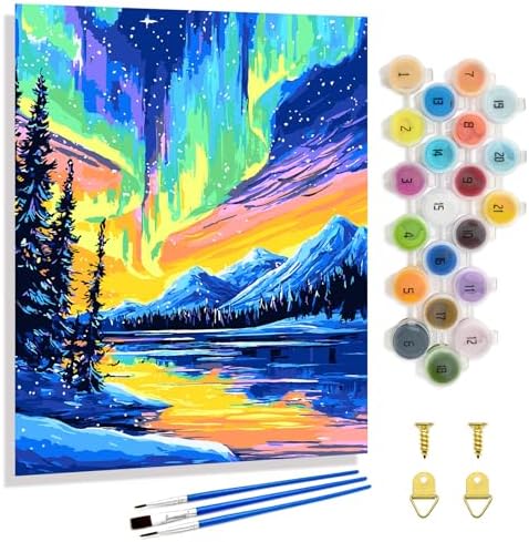 Yunnuo Northern Lights Paint by Numbers Kit for Adults Beginner, Landscape Aurora Scenery Number Painting with Brush and Acrylic Paint for Gift and Home Wall Decor 16x20 Inch