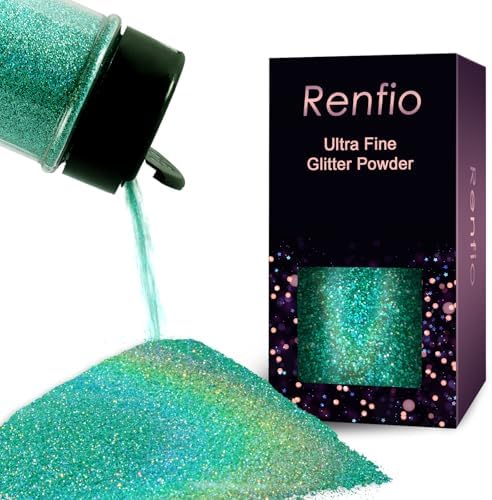 Renfio Holographic Ultra Fine Blue Glitter Powder Metallic Resin Glitter | 2.11 Oz (60g) PET Flakes Crafts Sequins 1/128" 0.008" 0.2mm Epoxy Chips Flakes for Tumblers Slime - Laser Mint Blue