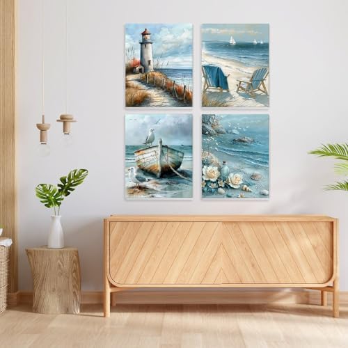 NEWENMO 4 Pack Paint by Numbers Kit for Kids Beginner with Wooden Frame, Lighthouse, Beach, Paint by Numbers Kit for Adults, Coastal Landscape, DIY Painting Kits for Home Wall Decor 8x10 inch