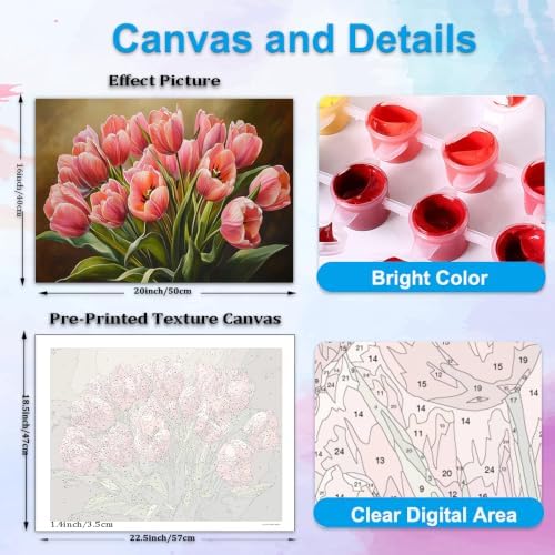 Artunion Pink Tulip Flower Paint by Numbers Kit for Adults,Pink Flower Paint by Number Kits, DIY Oil Painting Paint by Number Kits on Canvas Arts Craft for Home Wall Decor 16x20 Inch