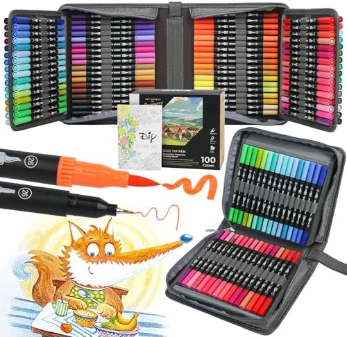 ZSCM 100 Colors Markers for Adult Coloring Books No Bleeding - Duo Tip Pens | Fine & Brush Coloring Marker for Adult Calligraphy, Illustration, Cards Drawing, Note taking Lettering, Journaling