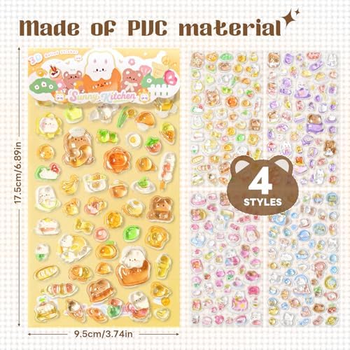 Kawaii 3D Puffy Stickers, Cute Bread & Rabbit Relief Stickers, Waterproof Aesthetic Decals for Journaling, Scrapbooking, Water Bottles, Laptops, DIY Crafts, Sunny Kitchen Food Themed