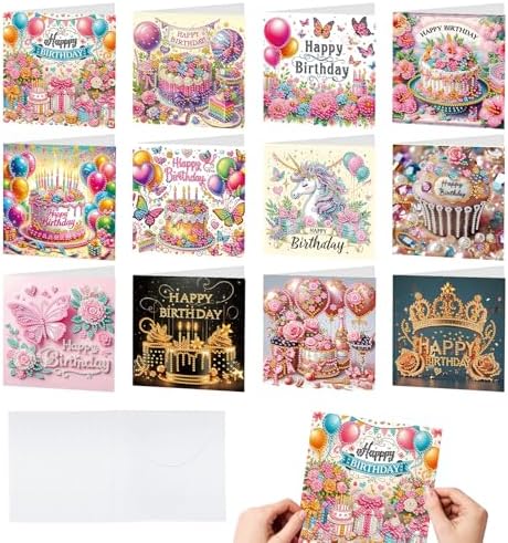 Zyvoreva 12 PCS Birthday Diamond Art Greeting Cards with Envelopes, Cake Square Diamond Painting Greeting Cards Kit for Adults DIY Holiday(Birthday)