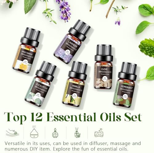Essential Oils Set - 12 Pcs Organic Aromatherapy Essential Oil Kit for Diffuser, Humidifier, Aromatherapy, Massage, Soap, Candle Making (5mL)