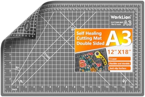 WorkLion Self Healing Cutting Mat: 12''x18'' Double Sided Craft Cutting Mat for Sewing, Fabric, Quilting - 5-Ply Slip-Resistant Hobby Cutting Board for DIY Projects (Grey/Black)