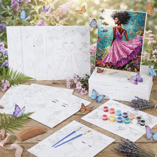 Harloon 36 Pcs 8 x 10 Inch Pre Drawn Canvas for Painting Afro Flower Butterfly Queen Pre Stretched Canvas Painting for Adults Outline for Sip and Paint Party Supplies Favor (Butterfly Queen)