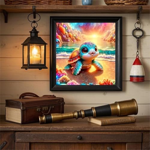 AOSGEDY Adorable Sea Turtle Beach Diamond Painting Kits for Adults, 5D Seaside Sunset/Flowers Diamond Art Kits for Beginners, DIY Full Drill Paint with Diamond, Home Wall Decor 14 x 14 Inch