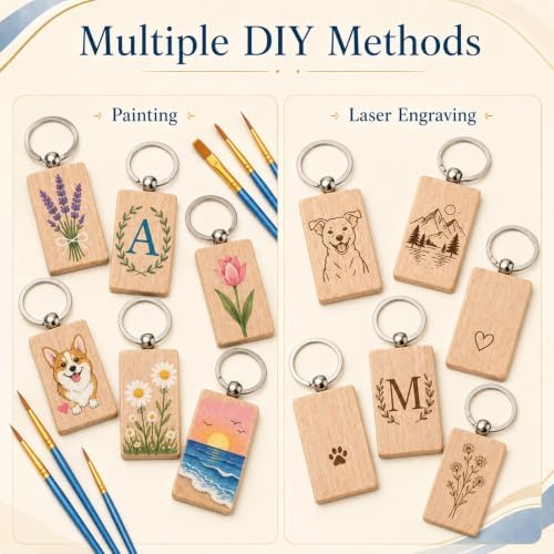 50 Pcs Unfinished Wooden Keychain Blanks Bulk with Oil Painting Brushes, 1.2 x 3.4in Rectangle Wood Laser Engraving Keychain Blanks with Key Rings for DIY Crafts Gift