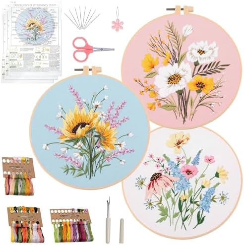 Ohcol 3 Sets Embroidery Kit,Cross Stitch Kits Needlepoint Kits for Adults Beginner,Needle Point Kits with Washable Pre-Printed Floral Pattern,Hoops,Women DIY Hand Crafts