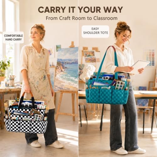 APOFFICE Large Craft Organizer Tote Bag with Multiple Pockets, Art Supply Storage Caddy with Removable Bottom Board and Shoulder Strap for Painting, Sewing, Scrapbooking and Classroom Supplies