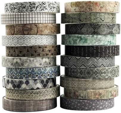 Basic Skinny Washi Tape Set 20 Rolls- Retro Antique Patterns Masking Thin Decorative Tapes for Arts, DIY Crafts, Bullet Journal, Planners, Scrapbook Decor, Gift Wrapping, Junk Journal