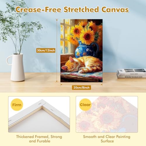 Bowetile Framed Paint by Numbers Cat Kit for Adults, Adults' Paint-by-Number Kits on Canvas, Painting by Numbers Sunflower, DIY Acrylic Number Painting for Home Wall Decor, 8x12in
