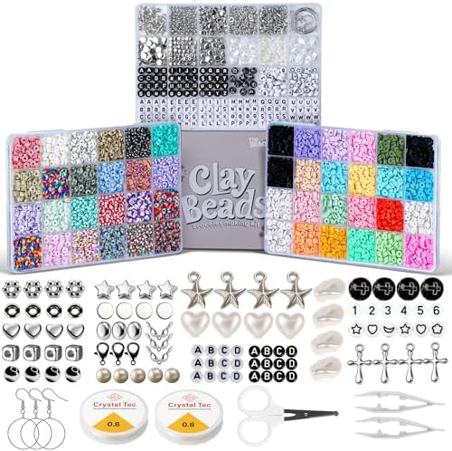 12000+ Clay Beads Bracelet Making Kit for Girls, 48 Colors In 3 Boxes, Polymer Heishi Beads with Letter Beads & Charms for DIY Friendship Bracelet Gifts,Holidays Arts and Crafts Gifts for Girls 8-12