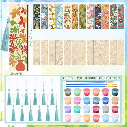 Kosiz 12 Pcs Butterfly Flowers Paint by Number Kit for Adult Wood Bookmark | Mini Paint by Numbers Kit, Painting Decor, Tassels Blank Bookmarks, for Small DIY Craft Book Lovers Gift 7x2 ''
