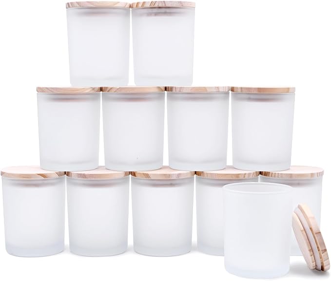 SHOWIN Thick Candle Jars for Making Candles 12 Pcs, 7 OZ Empty Jars with Wood Lids for Candle Making, Sample Container, Frosted White