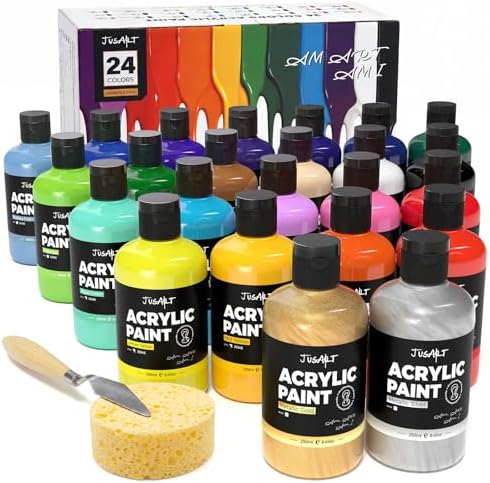 JusArt 24 Colors Acrylic Paint Set, Including Gold and Silver, 8.45oz(250ml) Large Bottles Adult Artist Paints for Canvas, Crafts, Mural, Rocks, Clay, Fabric, Wood
