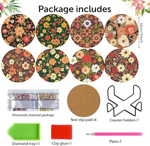 Meothan 8 Pcs Floral Diamond Art Coasters Kit for Adults with Holder 4x4in