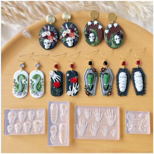 Keoker Halloween Polymer Clay Molds for Jewelry, Skull Polymer Clay Earring Molds, 5 Shapes Halloween 3D Silicone Molds